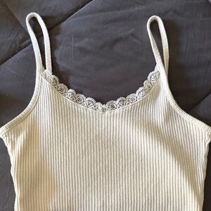 Elegant Cream Lace Trim Ribbed Tank Top
